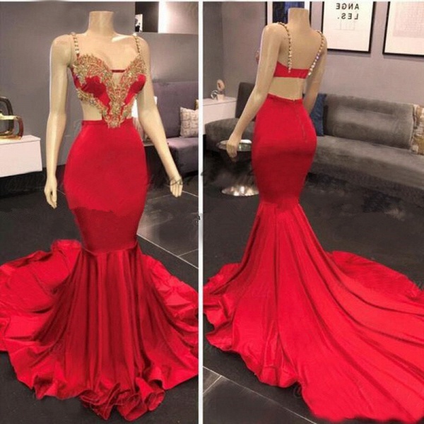 Sexy Spaghetti Straps Sweetheart Mermaid Prom Dress With Gold Appliques_2