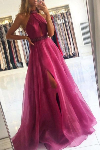 Elegant Halter A-Line Floor-length Tulle Split Prom Dress With Sash_1