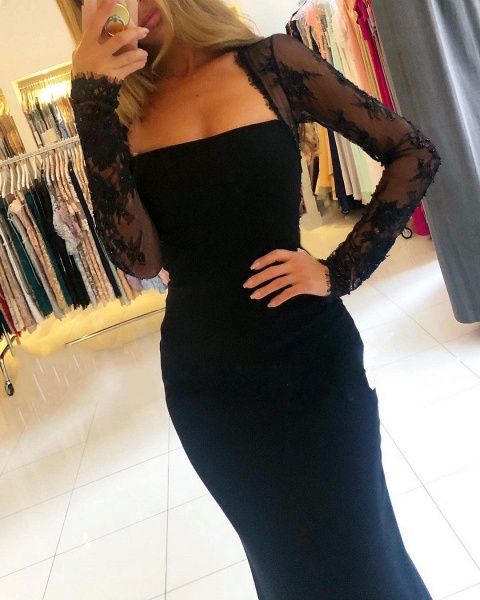 Classy Black Square Neckline Long Sleeve Appliques Lace Backless Mermaid Prom Dress_3