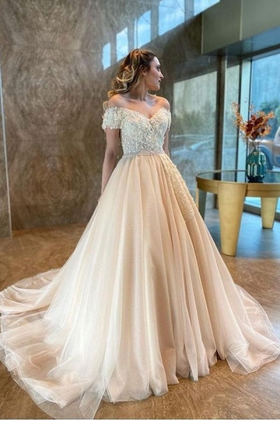 Simple A-Line Floor-length Sweetheart Off-the-Shoulder Backless Tulle Appliques Lace Wedding Dress_1
