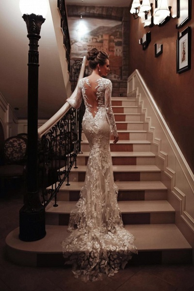 Unique Long Sleeve High Neck Appliques Lace Backless Mermaid Wedding Dress_5