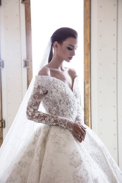 Gorgeous Off-the-Shoulder Sweetheart Long Sleeve Backless Appliques Lace Crystal A-Line Wedding Dress_3