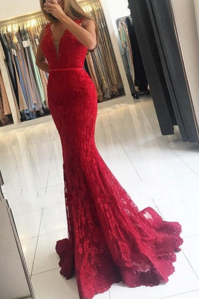 Classy Wide Straps V-neck Appliques Lace Floor-length Mermaid Prom Dress_1