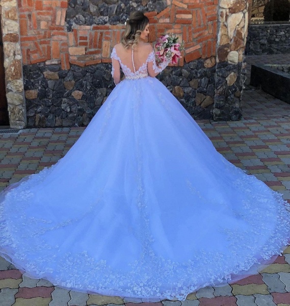 Luxury Princess Off-the-shoulder Tulle Wedding Dress with sleeves_2
