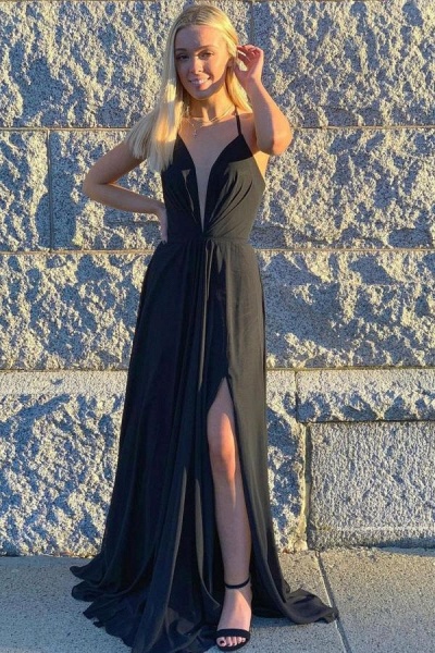 Simple Black A-line V-neck Spaghetti Straps Backless Ruffles Prom Dress with Slit_1