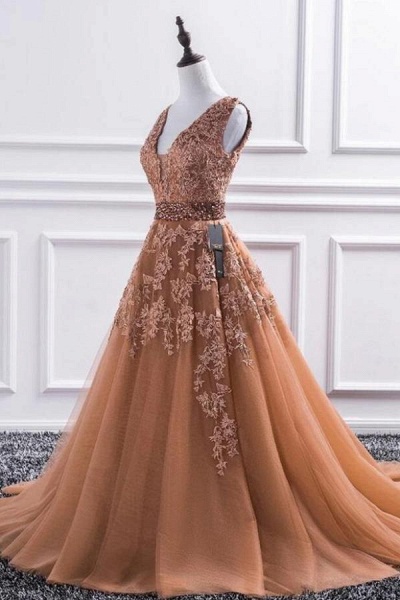 Elegant Long A-line V-neck Tulle Lace Floor-length Prom Dress_1