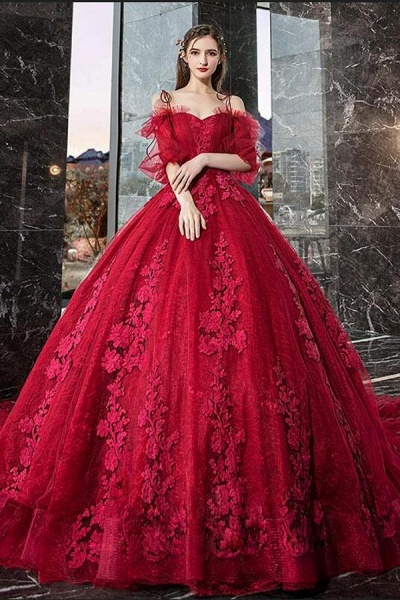 Gorgeous Train A-line Off-the-shoulder Spaghetti Straps Long Sleeve Appliques Lace Prom Dress_1