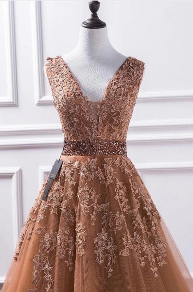 Elegant Long A-line V-neck Tulle Lace Floor-length Prom Dress_3