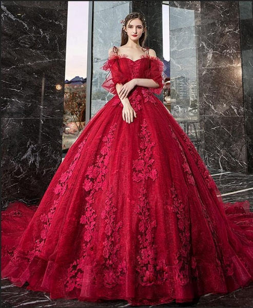 Gorgeous Train A-line Off-the-shoulder Spaghetti Straps Long Sleeve Appliques Lace Prom Dress_2