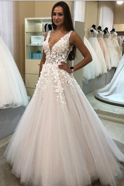 Elegant Long A-line V-neck Tulle 3D Floral Wedding Dress_1