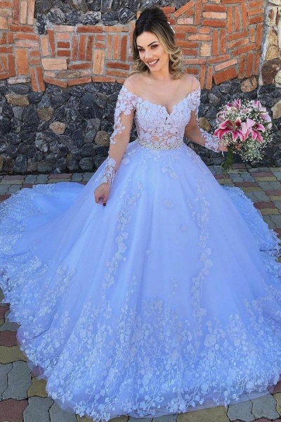 Luxury Princess Off-the-shoulder Tulle Wedding Dress with sleeves_1