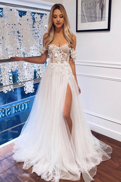 SD2161 White A Line Lace Off The Shoulder Boho Wedding Dress_1