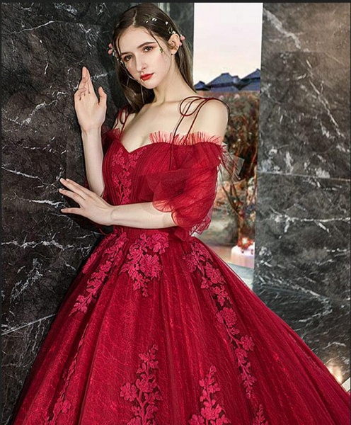 Gorgeous Train A-line Off-the-shoulder Spaghetti Straps Long Sleeve Appliques Lace Prom Dress_5