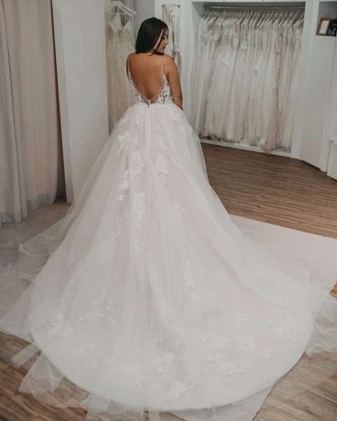Elegant Long A-line V-neck Tulle Open Back Wedding Dress_3