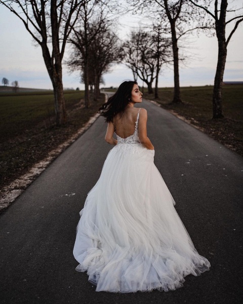 Simple Long A-line V-neck Tulle Wedding Dress_3