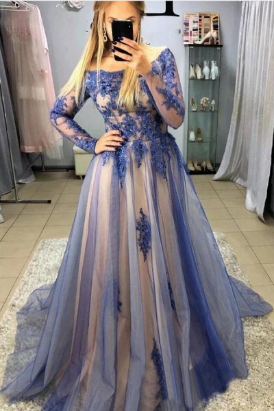 Beautiful Long A-line Jewel Tulle Prom Dress with Sleeves_1