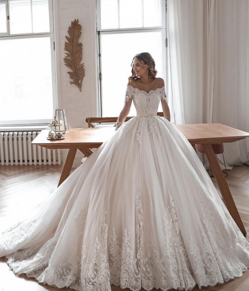 Gorgeous Long Ball Gowns Lace Tulle Wedding Dresses with Sleeves_2