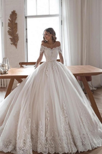 Gorgeous Long Ball Gowns Lace Tulle Wedding Dresses with Sleeves_1