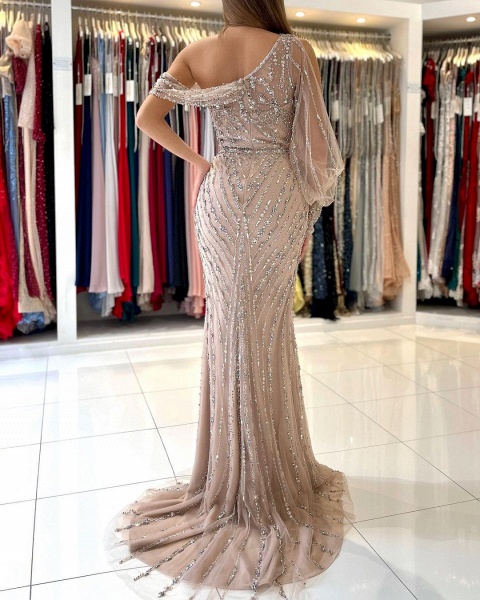 Elegant One Shoulder Long Sleeve Floor-length Tulle Mermaid Prom Dress With Split Crystal_3