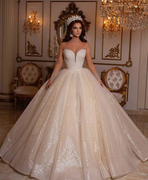 Luxuriöses langes Ballkleid-Schatz-glitzerndes Hochzeitskleid mit Ärmeln_2