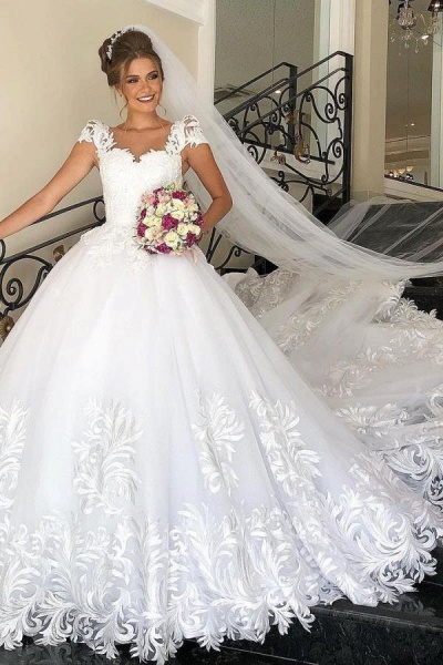 Elegant Long Princess Tulle Lace Wedding Dress with Cap Sleeves_1
