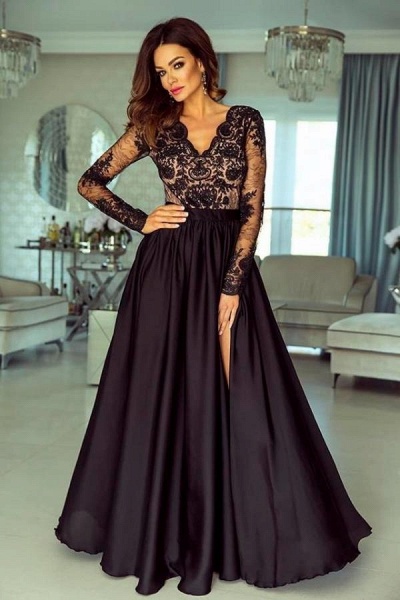 Sexy Black V-neck Long Sleeve Appliques Lace Floor-length A-Line Prom ...
