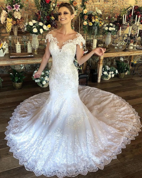 Charming Long Mermaid Sweetheart Lace Wedding Dress with Cap Sleeves_3