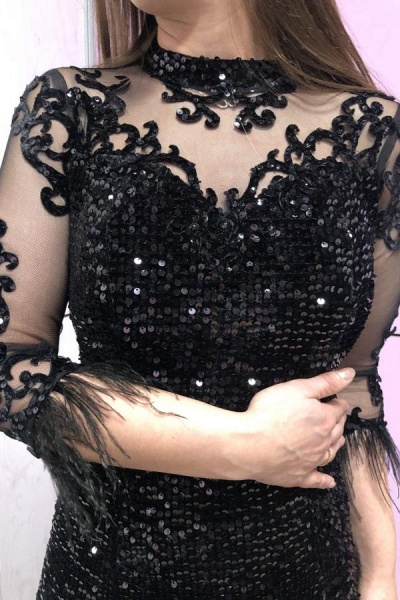 Elegant Black High Neck Long Sleeve Beading Sequins Floor-length Mermaid Prom Dress_3