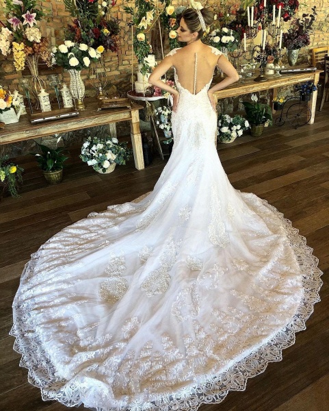 Charming Long Mermaid Sweetheart Lace Wedding Dress with Cap Sleeves_2
