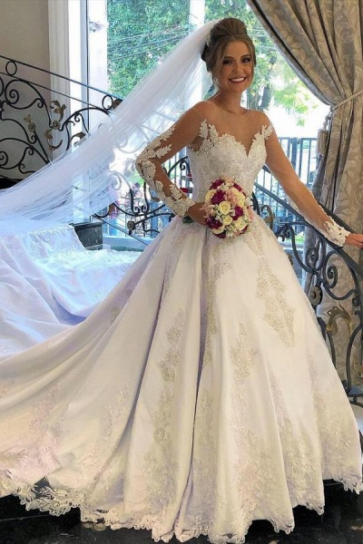 Gorgeous A-line Sweetheart Satin Long Sleeves Wedding Dress_1