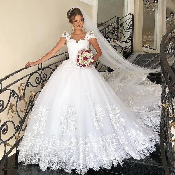 Elegant Long Princess Tulle Lace Wedding Dress with Cap Sleeves_3