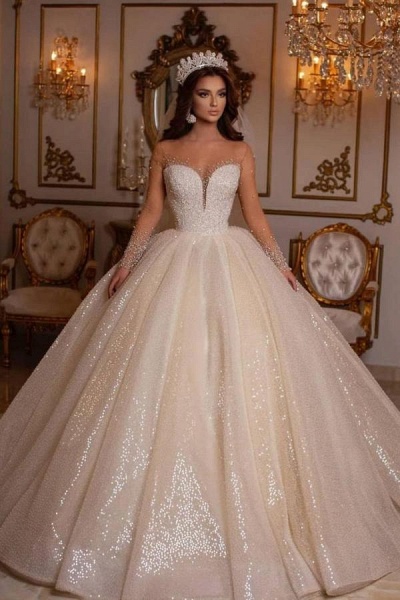 Luxuriöses langes Ballkleid-Schatz-glitzerndes Hochzeitskleid mit Ärmeln_1