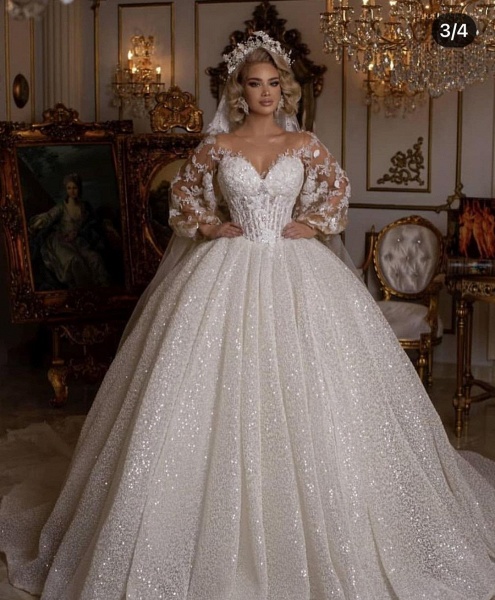 Luxuriöses langes Ballkleid-Glitzer-Hochzeitskleid mit Puffärmeln_5