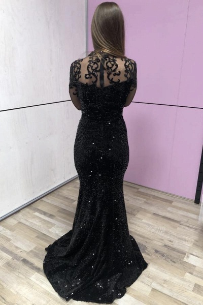 Elegant Black High Neck Long Sleeve Beading Sequins Floor-length Mermaid Prom Dress_2