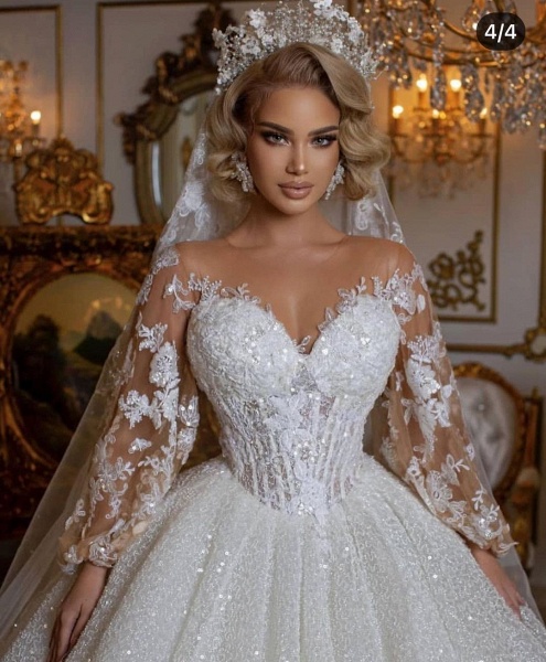 Luxury Long Ball Gown Glitter Wedding Dress with Puffy Sleeves_3