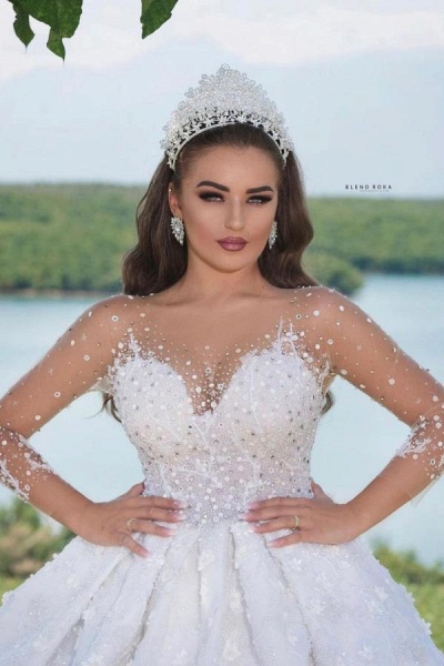 Luxury Long Ball Gown Sweeteart Beads Glitter Wedding Dress with Sleeves_1