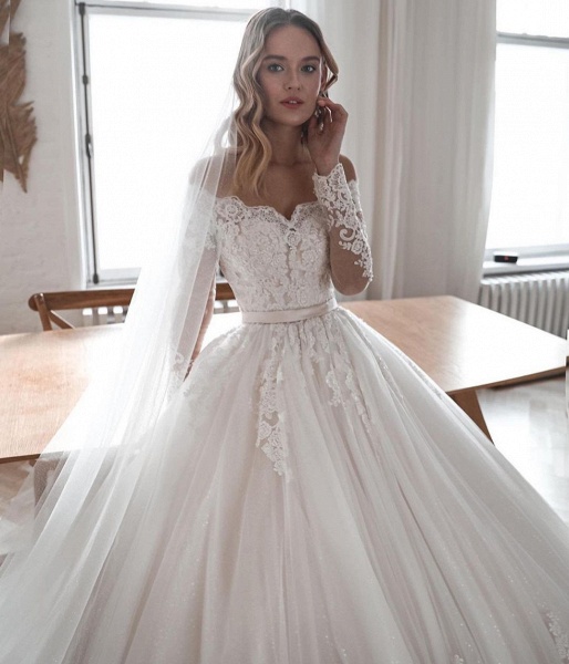 Gorgeous Long Ball Gowns Lace Tulle Wedding Dresses with Sleeves_3