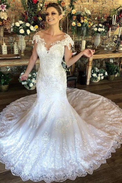 Charming Long Mermaid Sweetheart Lace Wedding Dress with Cap Sleeves_1