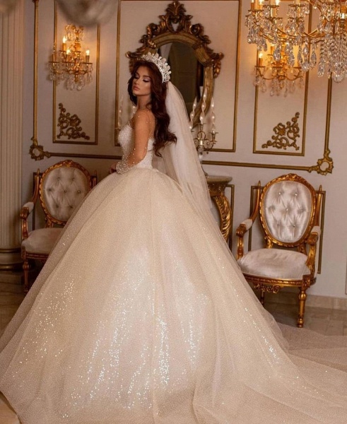 Luxuriöses langes Ballkleid-Schatz-glitzerndes Hochzeitskleid mit Ärmeln_3