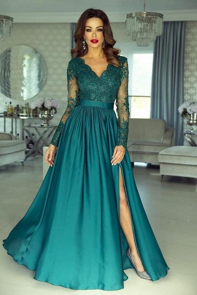 Elegant A-line V-neck Long Sleeve Appliques Lace Ruffles Prom Dress with Slit_1