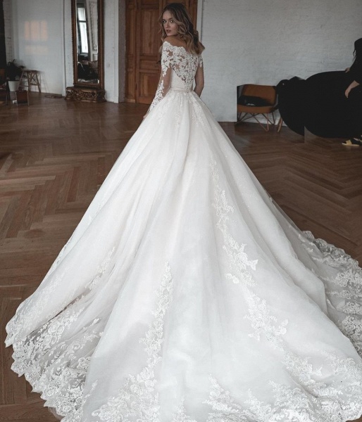 Gorgeous Long Ball Gowns Lace Tulle Wedding Dresses with Sleeves_4