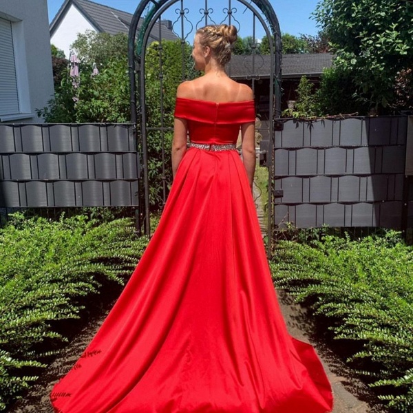 Vintage Long A-line Off-the-shoulder Satin Prom Dress with Beading_2