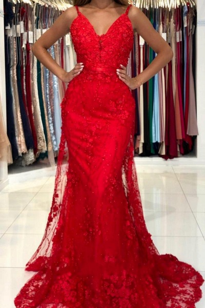 Long Mermaid V-neck Spaghetti Straps Backless Appliques Lace Prom Dress_1