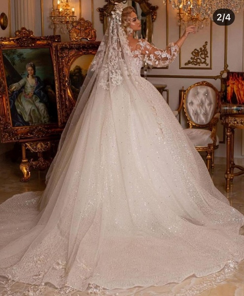 Luxuriöses langes Ballkleid-Glitzer-Hochzeitskleid mit Puffärmeln_2