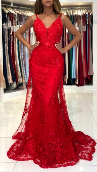 Long Mermaid V-neck Spaghetti Straps Backless Appliques Lace Prom Dress_2