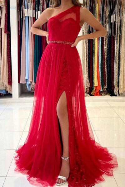 Charming Long A-line One Shoulder Tulle Slit Prom Dress with Detacable Train_1