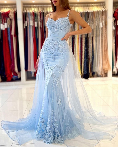 Charming Long Mermaid Spaghetti Straps Prom Dress with Appliques Lace_5