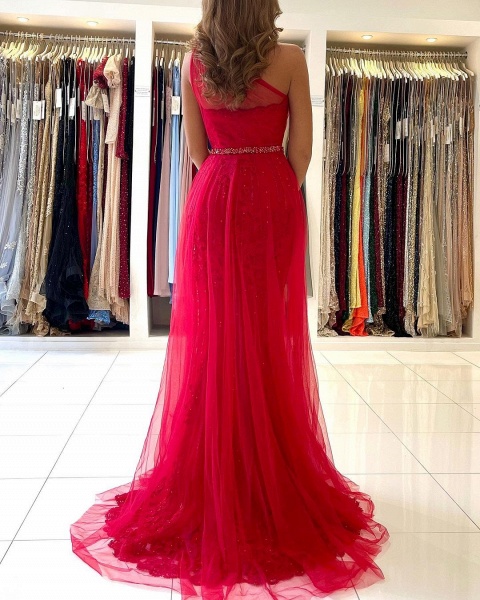 Charming Long A-line One Shoulder Tulle Slit Prom Dress with Detacable Train_2