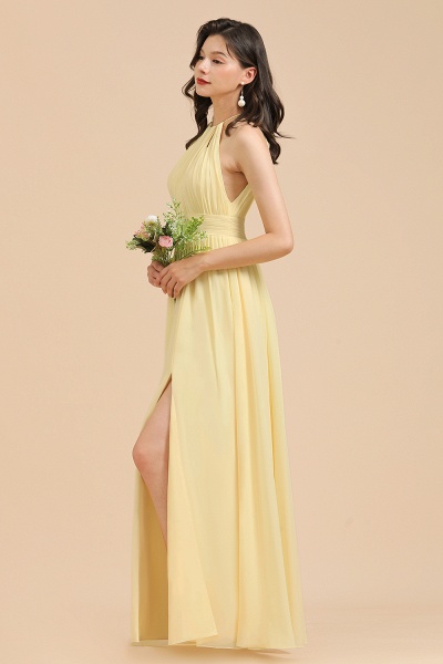 Long A-line Halter Pleated Chiffon Daffodil Bridesmaid Dress with Slit_2