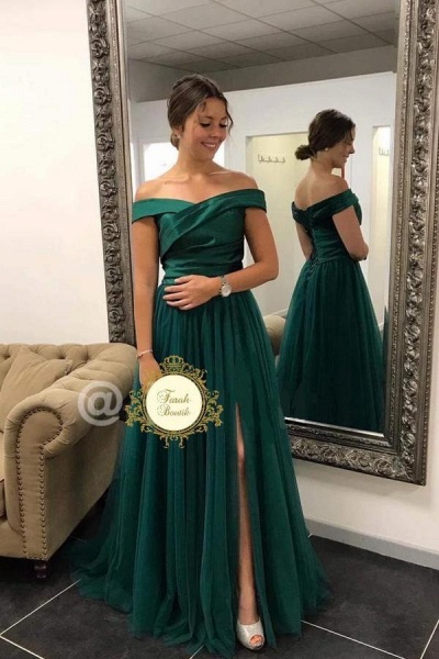 Elegantes, langes, schulterfreies Ballkleid aus Tüll in A-Linie mit geteilter Vorderseite_1